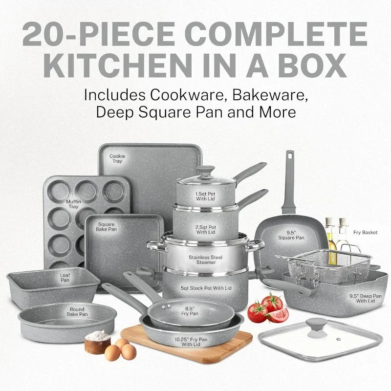 Granitestone 20 Pc Pots and Pans Set Non Stick Cookware Set, Kitchen Cookware Set - HMroll LLC