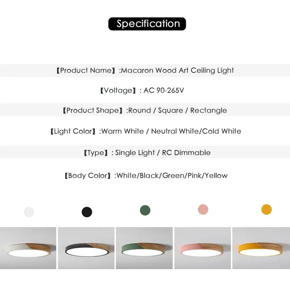 LED Ceiling Light Modern Nordic Round Lamp Wooden Home Living Room Bedroom Study Surface Mounted Lighting Fixture Remote Control