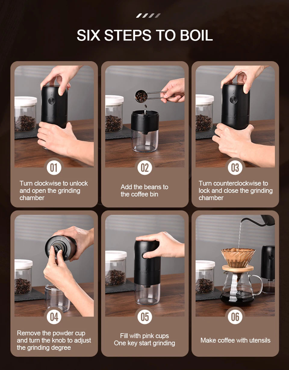 Wireless Electric Coffee Grinder Machine Type-C Charging Portable Coffee Bean Mill Coarse Grains Spice Herb Crusher Kitchen Tool - HMroll LLC