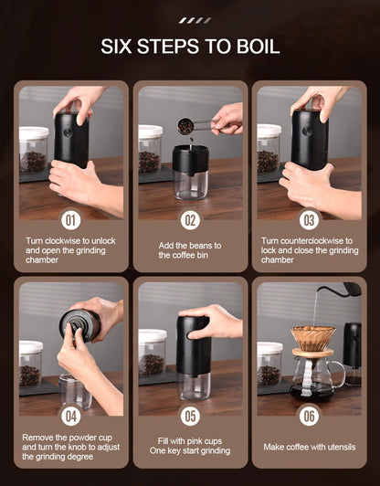 Wireless Electric Coffee Grinder Machine Type-C Charging Portable Coffee Bean Mill Coarse Grains Spice Herb Crusher Kitchen Tool - HMroll LLC