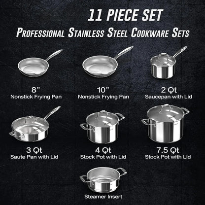 Tri-Ply Stainless Steel Pots and Pans Set 11-PC - HMroll LLC