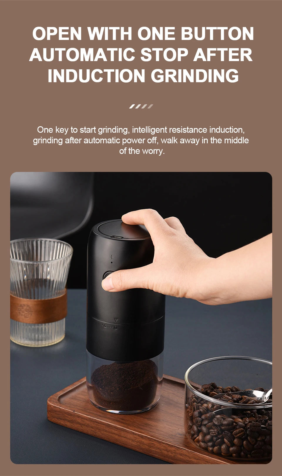 Wireless Electric Coffee Grinder Machine Type-C Charging Portable Coffee Bean Mill Coarse Grains Spice Herb Crusher Kitchen Tool - HMroll LLC