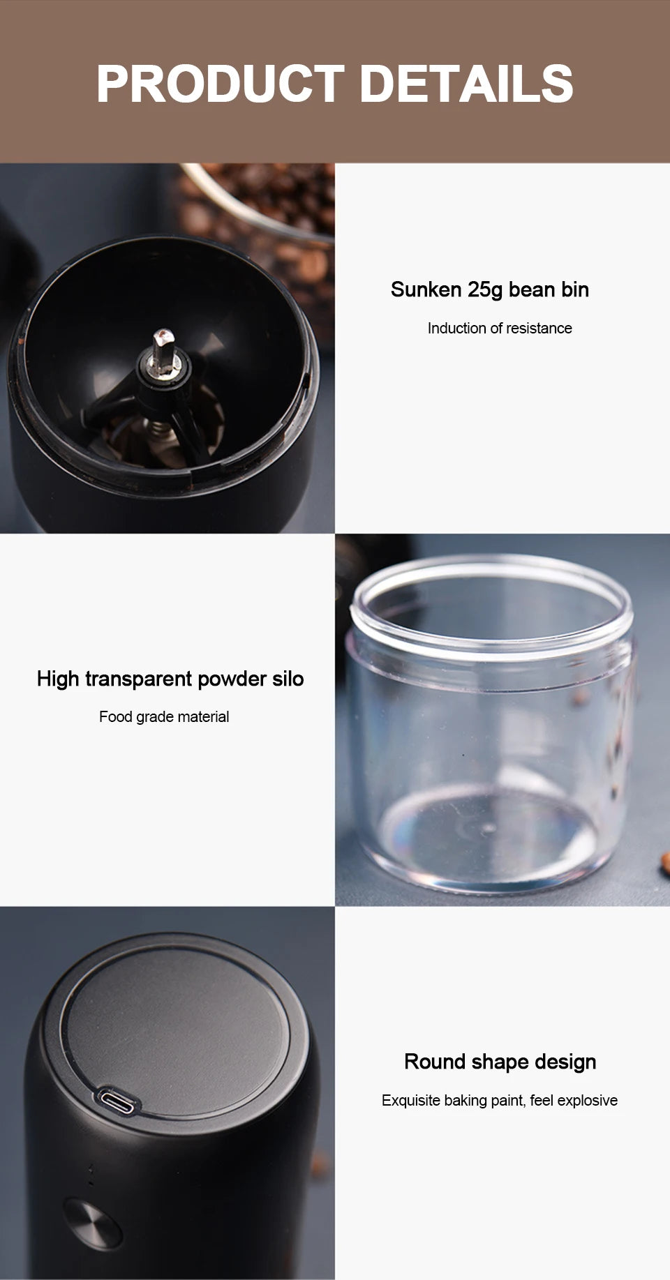 Wireless Electric Coffee Grinder Machine Type-C Charging Portable Coffee Bean Mill Coarse Grains Spice Herb Crusher Kitchen Tool - HMroll LLC